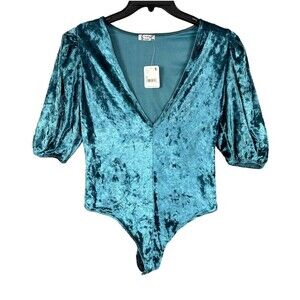 T27 NWT Free People S Don't You Wish Velvet Deep Teal V-Neck Puff Slvs Bodysuit